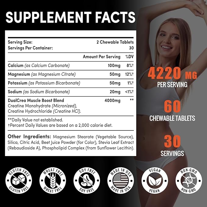 Creatine Chews Tablets for Men & Women, 4220 Mg Chewable Creatine Monohydrate for Energy, Faster Recovery, Strength, Superior Absorption with Liposomal & Micronized, Non-GMO, 30 Servings