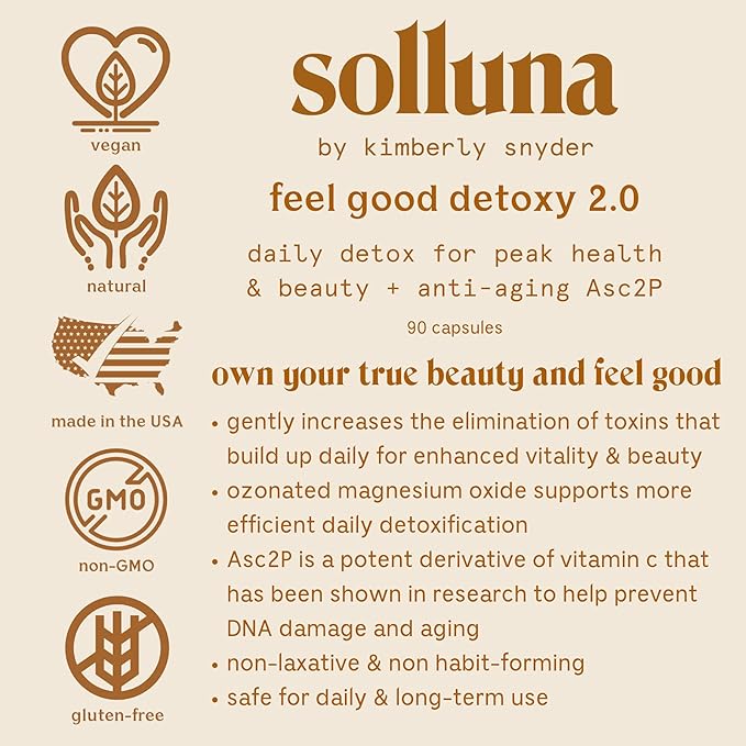 Solluna by Kimberly Snyder Feel Good Detoxy — Natural Colon Cleanse & Digestion Detox Capsules — Ozonated Elemental Magnesium Oxide & Asc2P for Bloating and Effective & Gentle Digestive Detoxification