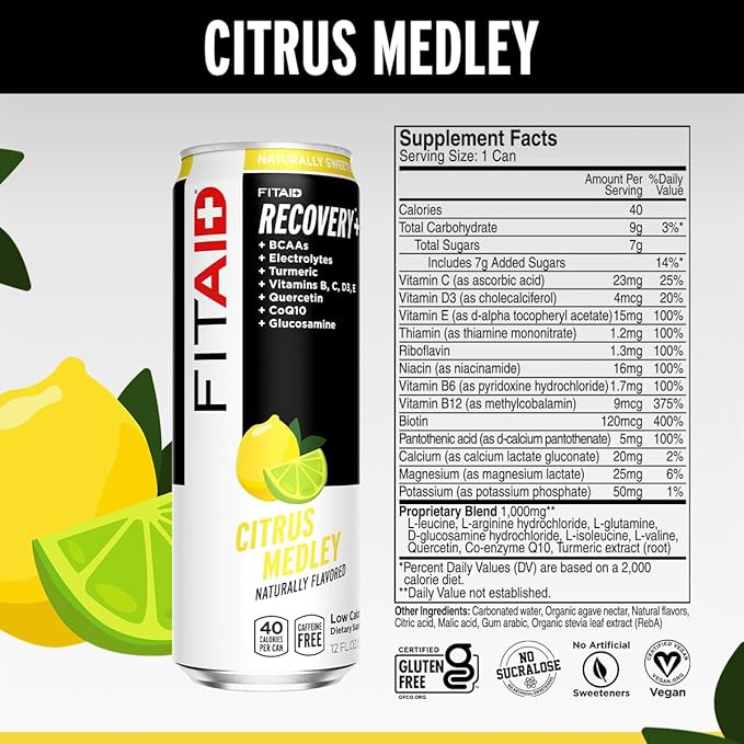 FITAID Recovery Blend, 100% Clean and Paleo Friendly, BCAAs, Glucosamine, Electrolyes, L-Glutamine, L-Arginine, Turmeric, Naturally Sweetened, Vegan 12 Fl Oz (Pack of 24)