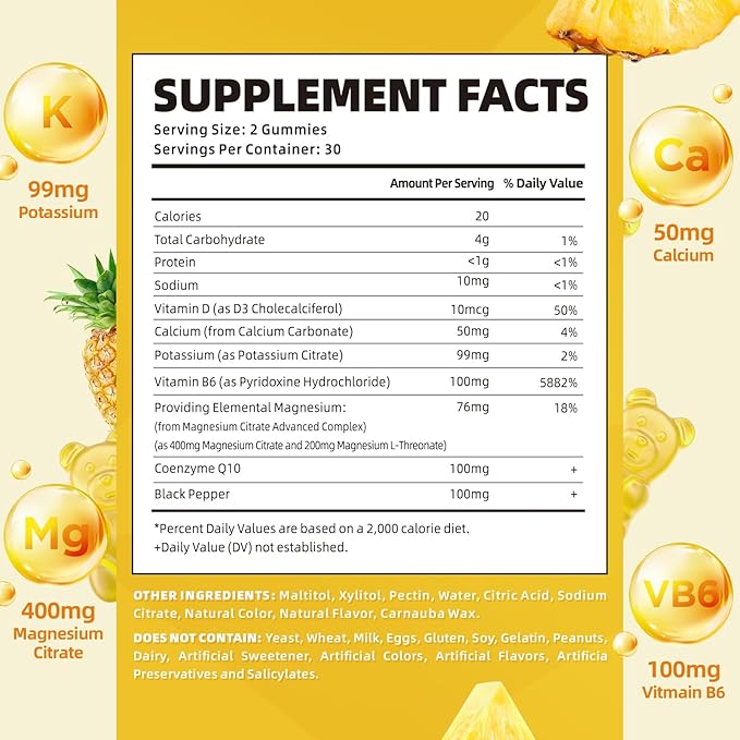 softbear Potassium Gummies for Adults, Sugar-Free Potassium Magnesium Supplement with Vitamin B6 CoQ10 for Muscle Cramps Vegan Pineapple Flavor 120 Gummies
