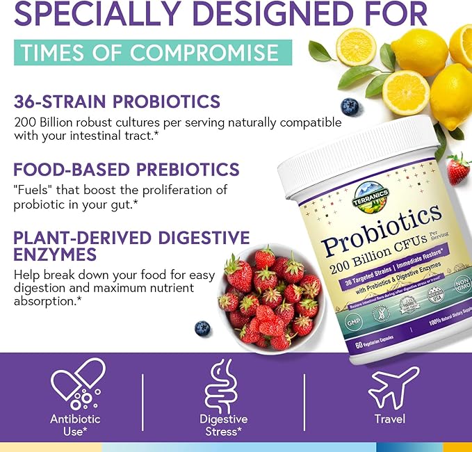 Terranics Daily Probiotics for Men & Women, 200 Billion 36 Strains Immediate Restore Probiotics, with Prebiotics & Enzymes, Healthy Regularity, Delayed Release, Shelf Stable, 60 Veggie Caps