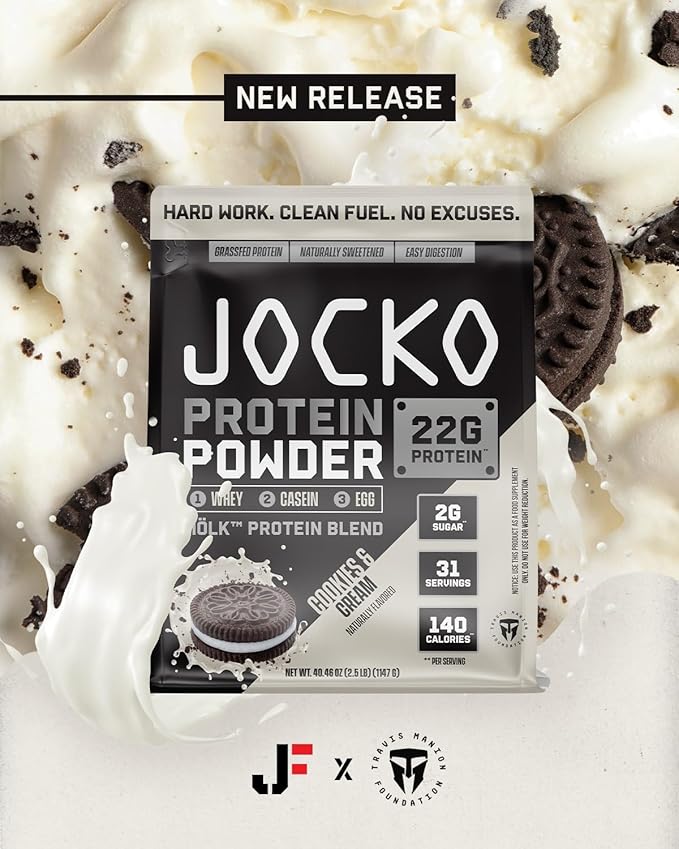 Jocko Mölk Whey Protein Powder - Keto, Probiotics, Grass Fed, Digestive Enzymes, Amino Acids, Sugar Free Monk Fruit Blend - Supports Muscle Recovery & Growth (2 LB, Cookies & Cream)