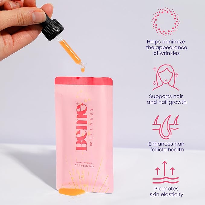 BeMe Liquid Collagen Drink, Be Radiant - Collagen Liquid for Women & Men - Drinkable Supplement with Collagen Peptides, Biotin, & Vitamin C Supports Hair, Nail, & Skin Health (30 Sachets, Mixed Berry)