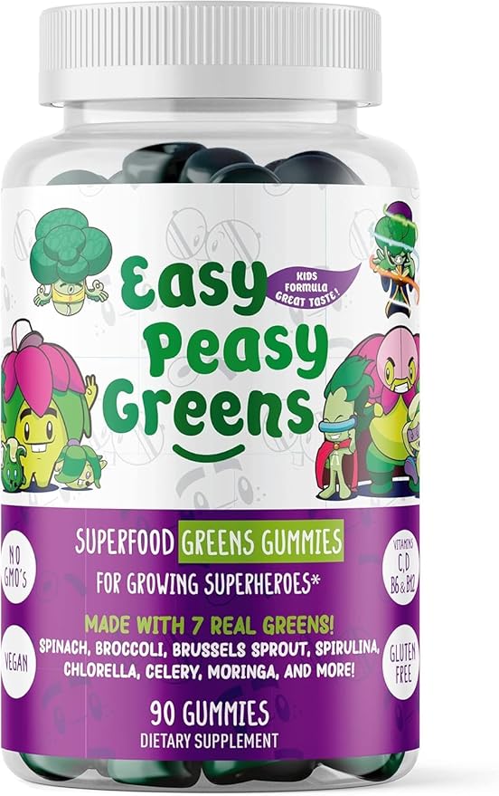 EasyPeasyGreens Daily Veggie Gummies for Kids - 90 Greens Gummies - Helps Picky Eaters Get Their Veggies in - Made with 10 Real Vegetable Extracts and 100% Vegan