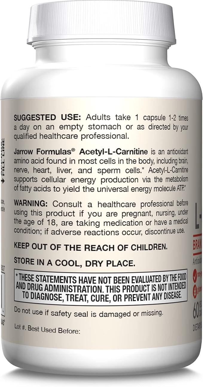 Jarrow Formulas Acetyl L-Carnitine 500 mg, Dietary Supplement, Amino Acid Support for Brain Health and Antioxidants, 60 Veggie Capsules, 60 Day Supply