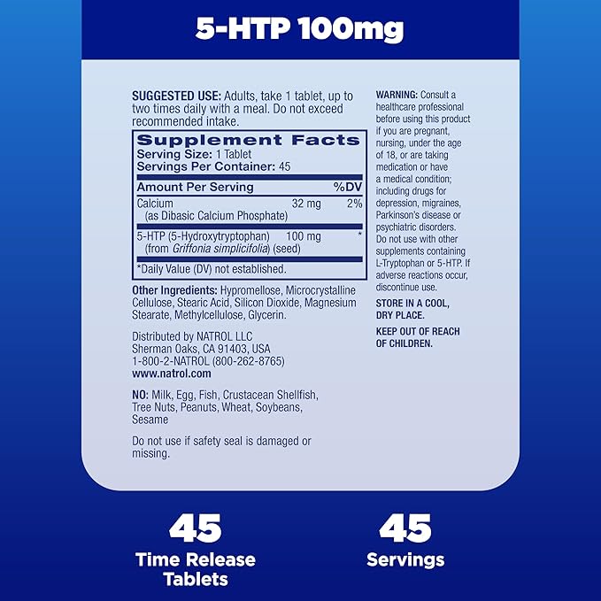 Natrol 5-HTP 100mg, Dietary Supplement Helps Support a Balanced Mood, 90 Time Release Tablets, 22-45 Day Supply