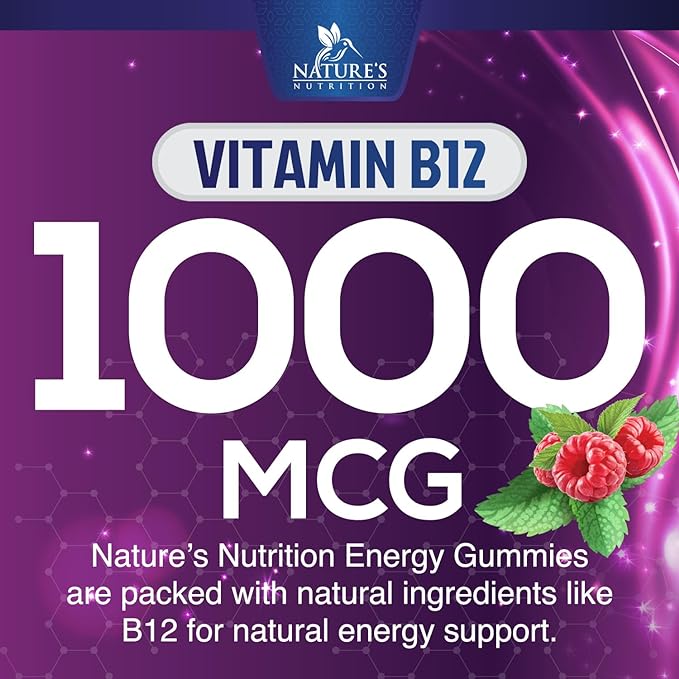 Energy Gummies Vitamin B12, Green Tea Natural Caffeine Support, Extra Strength 1000 mcg Daily Energy Vitamins, Delicious Berry Flavor Gluten Free Chewable Supplement for Cycling & Running - 60 Chews