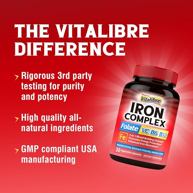 Iron Supplement for Women & Men, with Vitamins C, B6, B12 & Folate for Iron Deficiency, Blood Building & Energy Support, Stomach Friendly, Better Absorption, Non-GMO, No Gluten, 30 Vegan Caps