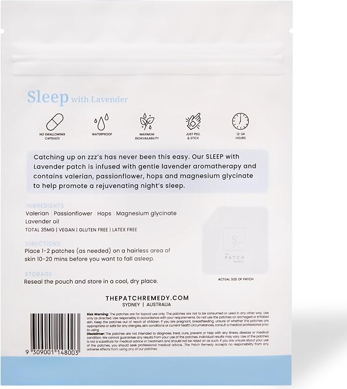 The Patch Remedy Sleep Patches with Lavender - 30 Topical Patches for Better Sleep with Magnesium Glycinate, Valerian Root Extract, Passionflower & Hops, Waterproof, 12 Hours, Transdermal Support