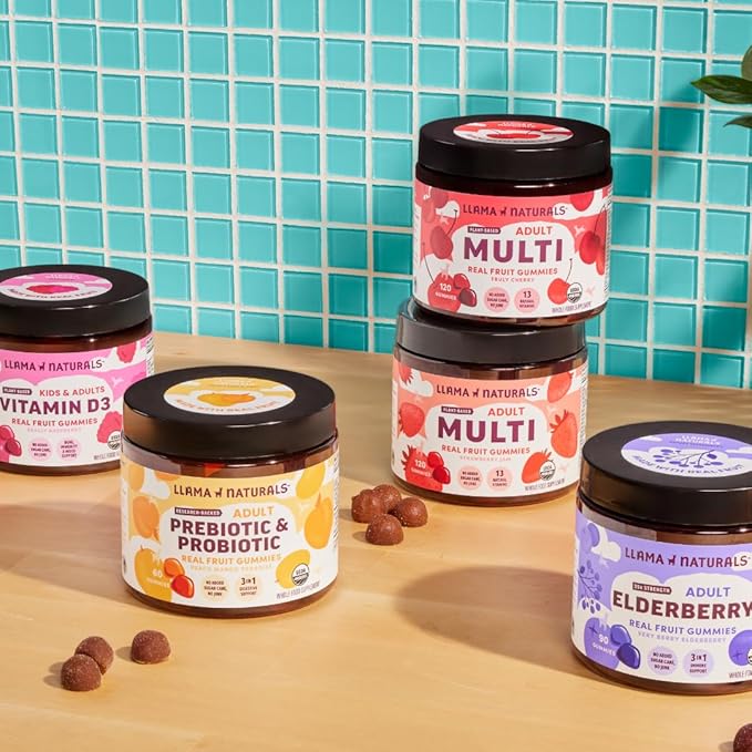 Llama Naturals Real Fruit Gummy Vitamins for Adults | No Added Sugar Cane | Whole Food Multivitamin Gummies | Women + Men | Vegan, Organic, Chewable | 120 ct, 30 Day Supply | Cherry