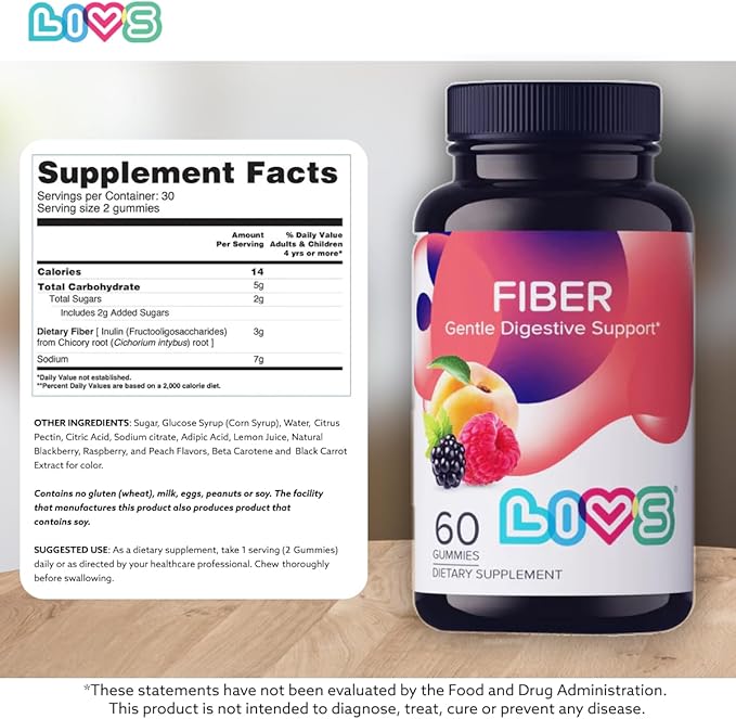 LIVS Fiber Gummy Vitamin - Fiber Gummies, for Adults, Gut Health, Digestive Support, Supplements, All-Natural, Gluten-Free, Non-GMO - Raspberry, Peach & BlackBerry Flavored, 60 Count