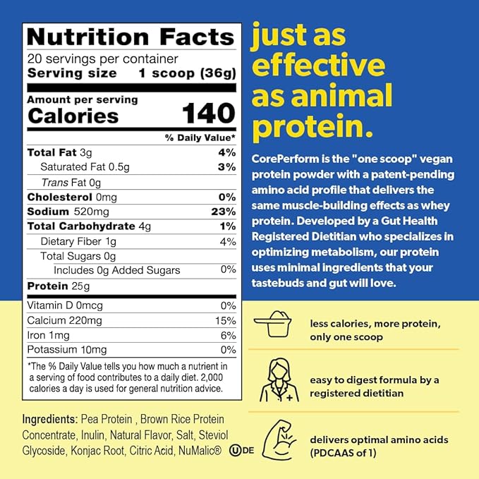 Core Perform's Plant Based Lemon Protein Powder, Low Fodmap, Gluten Free, Non GMO and Vegan, Developed by a Gut Health Registered Dietitian (20 Servings)