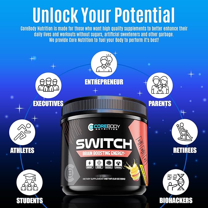 CoreBody Switch Energy Drink Mix -Nootropics Brain Support Supplement for Memory & Focus, Sugar Free Energy Booster with Nootropics, Alpha GPC, All Day Energy and Focus* (Tropical Punch)