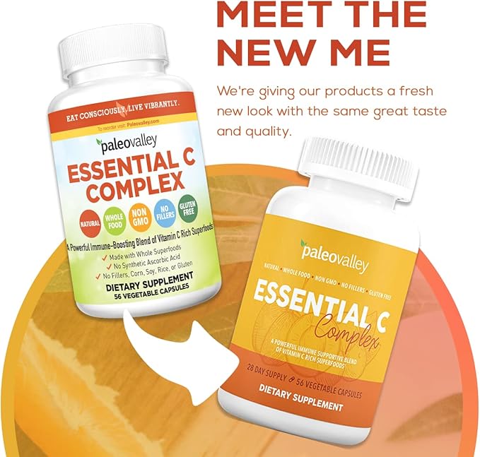 Paleovalley Essential C Complex - Vitamin C Supplement for Immune Support - 3 Pack, 450mg - From Organic Superfoods Unripe Acerola Cherry, Camu Camu, Amla Berry - No Synthetic Ascorbic Acid - USA Made