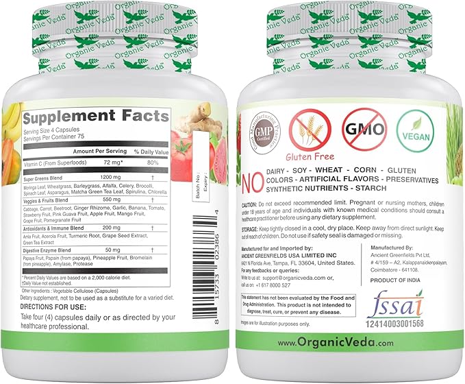 Organic Veda Superfood Greens Fruits & Vegetables 300 Capsules | 30 Daily Organic Fruits & Veggies with Chlorophyll, Papaya Enzymes, Acerola Vitamin C, Turmeric, Beet, Moringa, Green Tea Extract