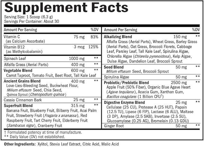 Super Greens Powder Superfood - Greens Powder with Probiotics Prebiotics Digestive Enzymes and 43 Green Superfoods - Chlorophyll Bilberry Chlorella Spirulina Grass - Tastes Amazing - 30 Servings