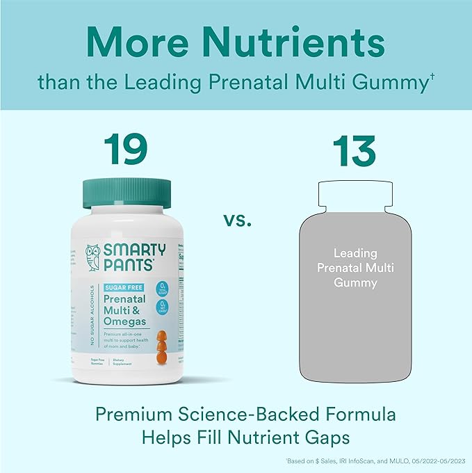 SmartyPants Prenatal Vitamins for Women, Sugar Free Multivitamin Gummies: Methylfolate, Omega 3 (ALA) Vitamin D3, C, Vitamin B12, B6, Vitamin A, K & Zinc, Erythritol Free, 60 Count (20 Day Supply)