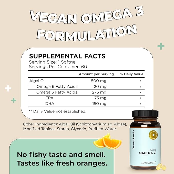 Future Kind Vegan Omega 3 Supplement (2 Month Supply) - Glass Bottle & Carrageenan-Free Algae Omega 3 Supplements for Joint, & Mood Support - DHA EPA Supplements for Kids & Adults