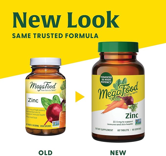 MegaFood Zinc Supplements - Vegan Immune Support Supplement With 22.5 mg High Potency Fermented Zinc - Made With Real Food - Gluten-Free, Kosher - 60 Tablets, 60 Servings