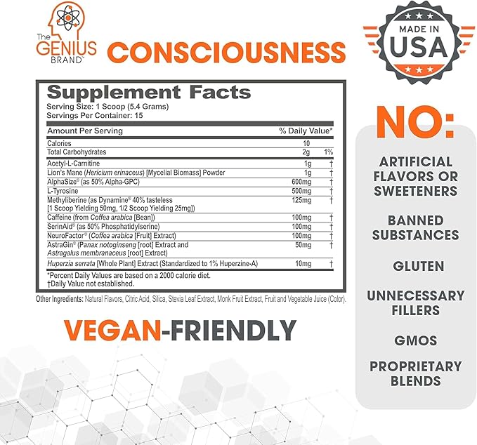 Genius Consciousness, Super Nootropic Brain Supplement Powder, Mango - Boost Focus, Cognitive Function, Concentration & Memory Booster - Alpha GPC & Lions Mane Mushroom for Neuro Energy & IQ