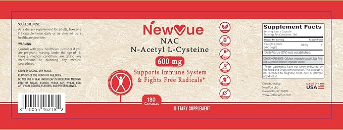 N-Acetyl L-Cysteine (NAC) 600mg, 180 Capsules - Non-GMO, Gluten Free