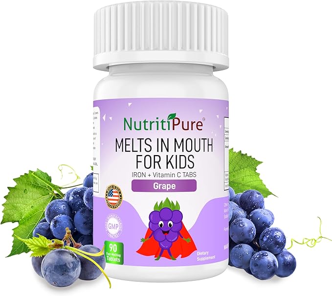 Chewable Iron Supplements for Kids (Ferronyl®/Carbonyl Iron 9 mg with Vitamin C 30 mg) Tablet in Delicious Grape Flavor Kids Iron Supplement 90 Count (1 Bottle)