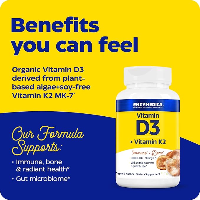 Enzymedica, Organic Vitamin D3+K2, 5,000 IU VIT D3 & 90 mcg VIT K2 MK-7, with Shitake Mushrooms & Prebiotic Fiber, Vegan, 60 Count