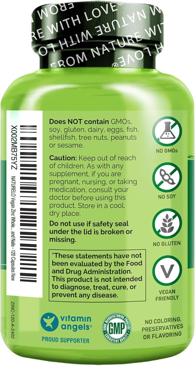 NATURELO Vegan Zinc Whole Food Complex Supplement with Vitamin C for Immune Support and Healthy Skin, Hair, and Nails - 120 Capsules