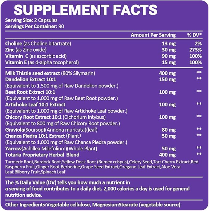 Liver Cleanse Detox & Repair 25-in-1 with Milk Thistle,Dandelion Root,Beetroot, Artichoke Extract for Liver Health Herb Liver Support Supplement Vitamins Zinc, Choline 90 Vegan Capsules