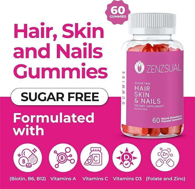 ZENZSUAL Hair, Skin and Nails Gummies – Multivitamin with Biotin, Vitamin C, B12 and Zinc – Vegan Supplement and Sugar Free (60 Gummies)