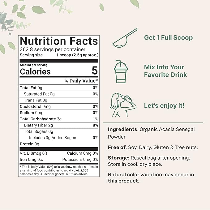 Micro Ingredients Organic Acacia Senegal Powder, 2 Pounds (32 Ounce), Instant Soluble Fiber Powder, Plant-Based Prebiotic Superfood for Gut Health, Non-GMO, No Gluten, Vegan