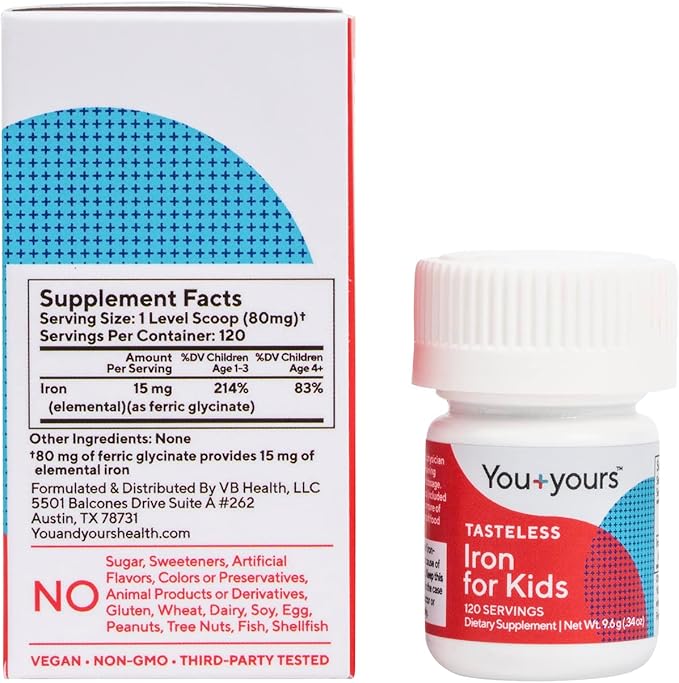 Tasteless Iron for Kids + Toddlers- 4-Month Supply- No Sweeteners, Flavors or Preservatives. Add to Beverages or Food. Pure, Flavorless Children's Iron Supplement.