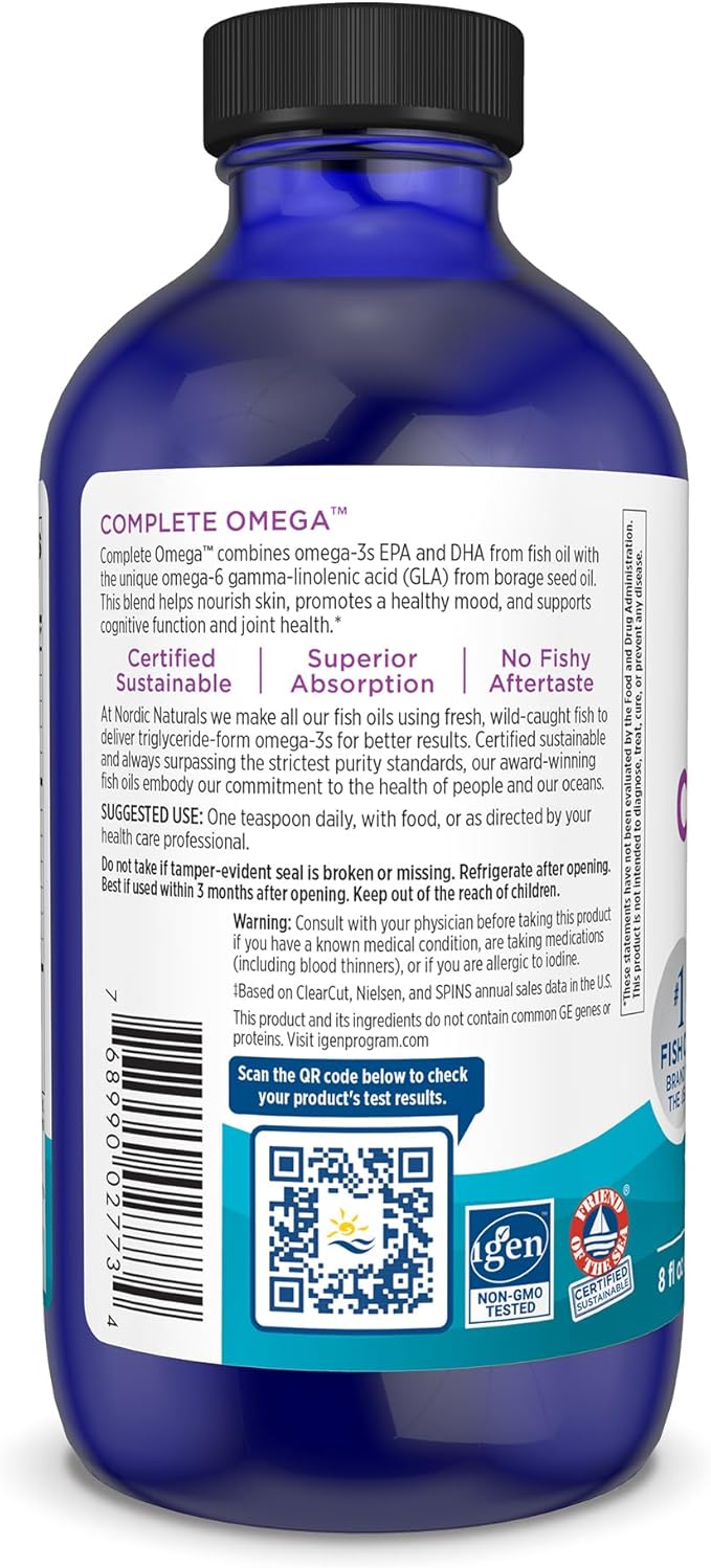 Nordic Naturals Complete Omega, Lemon Flavor - 8 oz - 1270 mg Omega-3 - EPA & DHA with Added GLA - Healthy Skin & Joints, Cognition, Positive Mood - Non-GMO - 48 Servings
