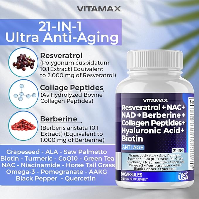 Resveratrol NAD+ Berberine Hyaluronic Acid - Biotin Grape & Blueberry + NAC - Collagen Peptides - Hair, Nail, Skin & Joint Supplement - 21-in-1 Women and Men - Made in USA - 120 Count