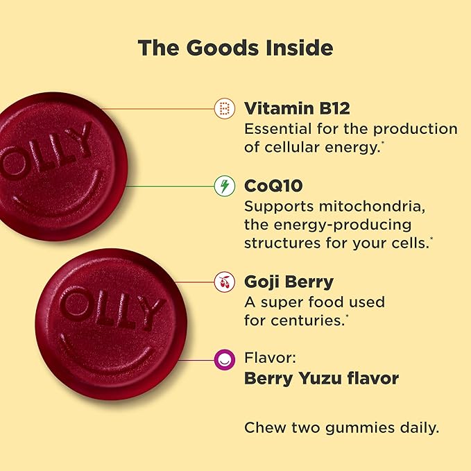 OLLY Extra Strength Daily Energy Gummy, Caffeine Free, 1000mcg Vitamin B12, CoQ10, Goji Berry, Adult Chewable Supplement, Berry Yuzu Flavor - 60 Count
