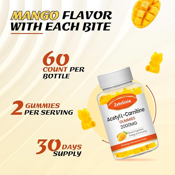 Acetyl L-Carnitine Gummies 2000mg, L-Carnitine Supplement for Promote Fatty Acids Oxidation, Nutrition Supplement for Boost Energy, Immunity & Metabolism, Vegan, Mango Flavor, 60 Count
