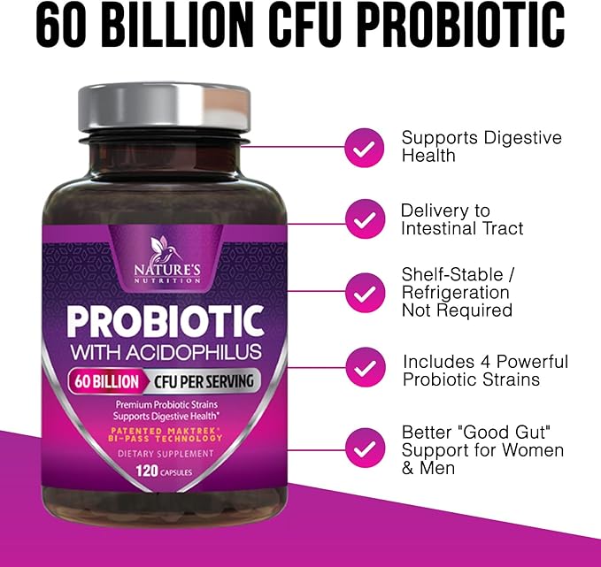 Probiotics 60 Billion CFU per Serving - 10 Strains + Prebiotics - Immune, Digestive & Gut Health Support, Supports Occasional Constipation, Gas & Bloating for Women & Men, Shelf Stable - 120 Capsules