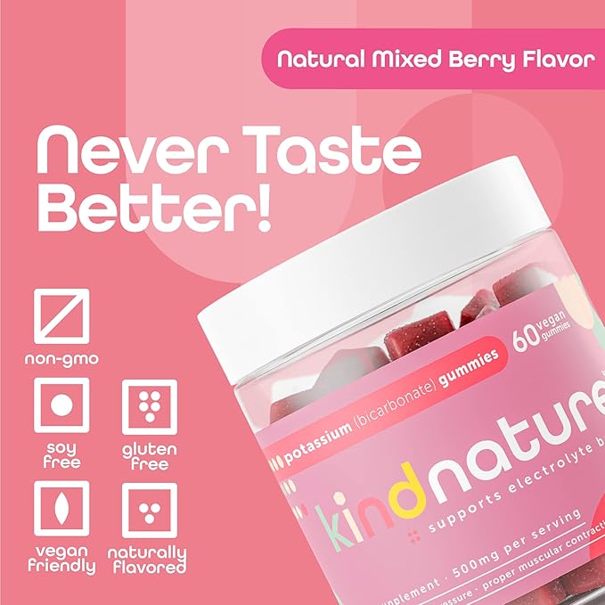 Kind Nature High Potassium Supplement 500mg - Chewable Gummies for Adults & Kids - Pure Potassium Bicarbonate Mineral Supplement - Vegan, Gluten Free, Non GMO - 60 Gummies (30 Day Supply)