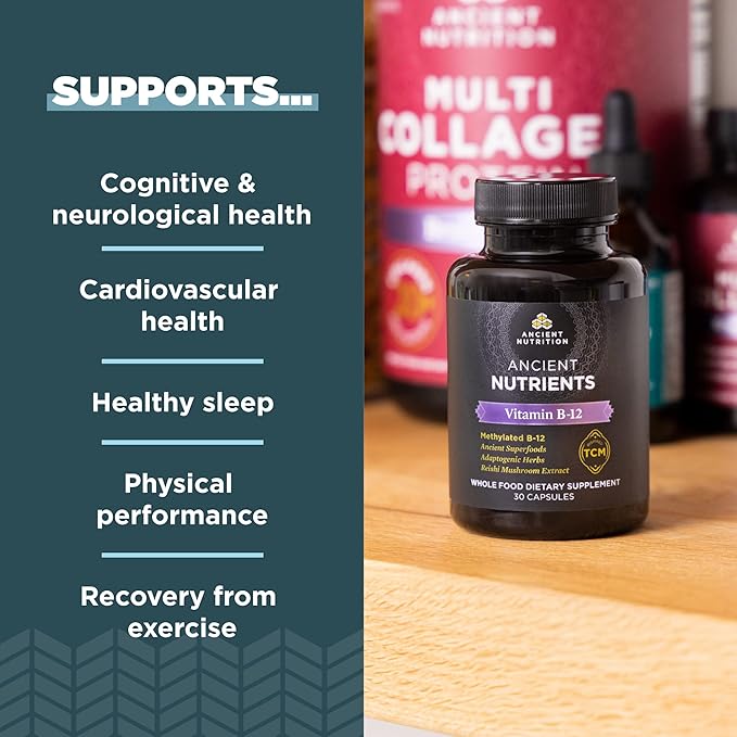 Vitamin B12 Supplement by Ancient Nutrition, Supports Energy Metabolism and Nervous System Health, Adaptogenic Herbs, Enzyme Activated, Paleo & Keto Friendly, 30 Capsules