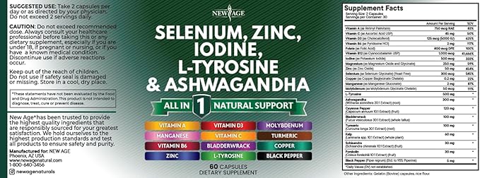 Selenium, Zinc, Iodine, L Tyrosine, Ashwagandha - Thyroid Support Supplement for Women and Men with Bladderwrack, Turmeric, Silica Kelp, Schisandra - 60 Count