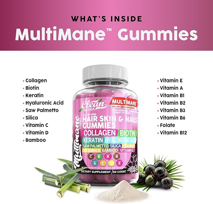 Biotin Collagen Keratin Gummies | Hair Skin and Nails Vitamins for Women | Hyaluronic Acid Bamboo Vitamin A C D3 E Folate With Saw Palmetto Silica B3 B12 Vegan Gummy By Clean Nutra