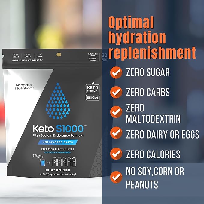Keto S1000 Electrolyte Powder Packets | Keto and Paleo Friendly | No Sugar, No Calories, No Maltodextrin | Clean | 30 Unflavored Salt Hydration Stick Packs