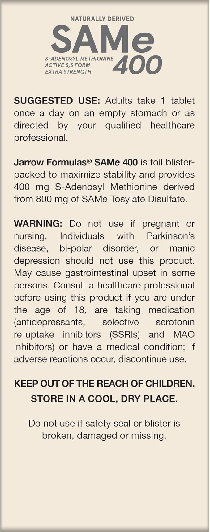 Jarrow Formulas Same 400 mg, Supports Joint Health, Liver Function, Brain Metabolism, 60 Tablets, Up to a 60 Day Supply,Pack of 12
