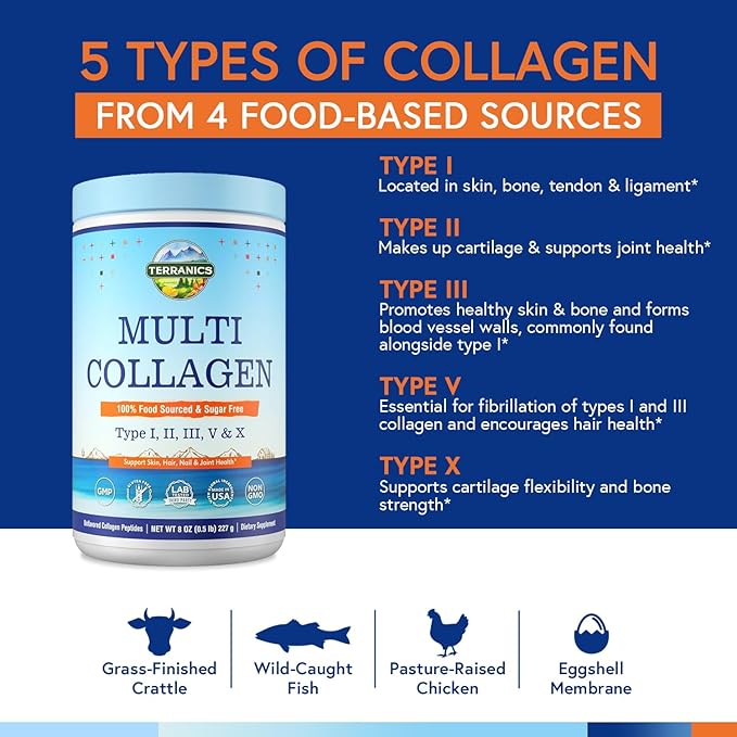 Terranics Multi Collagen Peptides Powder, Type I II III V X Collagen for Women & Men, Collagen Supplements for Skin, Nail, Hail & Joint, Easy to Dissolve, Unflavored, No Sugar, Keto, 8oz