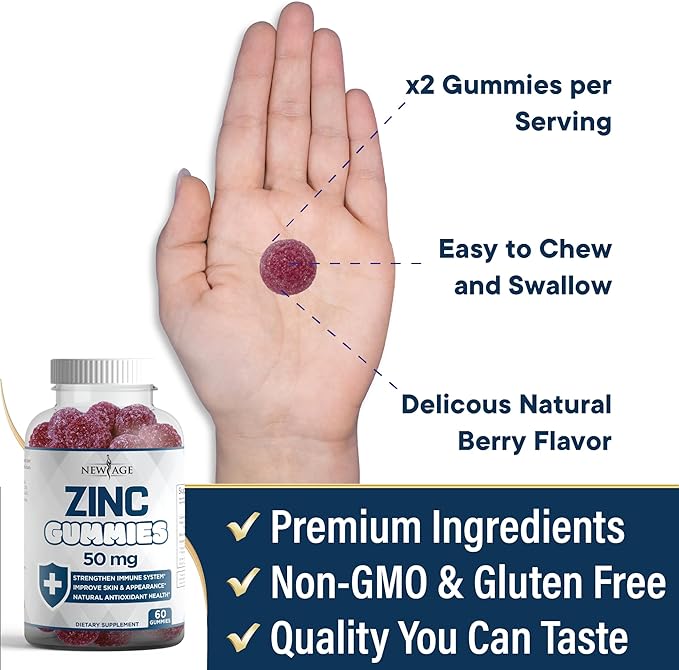 NEW AGE Zinc Gummies - 50mg High Immune Booster Zinc Supplement, Immune Defense, Powerful Natural Antioxidant, Non-GMO - by New Age (60 Count (Pack of 1))