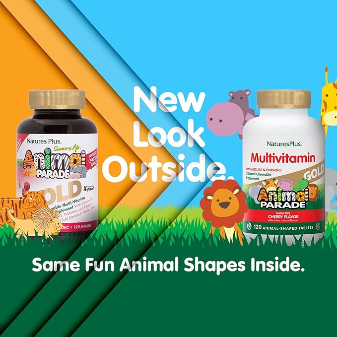 Natures Plus Animal Parade Gold Children's Chewable Multivitamin - Natural Cherry Flavor - 120 Animal Shaped-Tablets, Pack of 2 - with Vitamin D3, K2 & Probiotics - 120 Total Servings