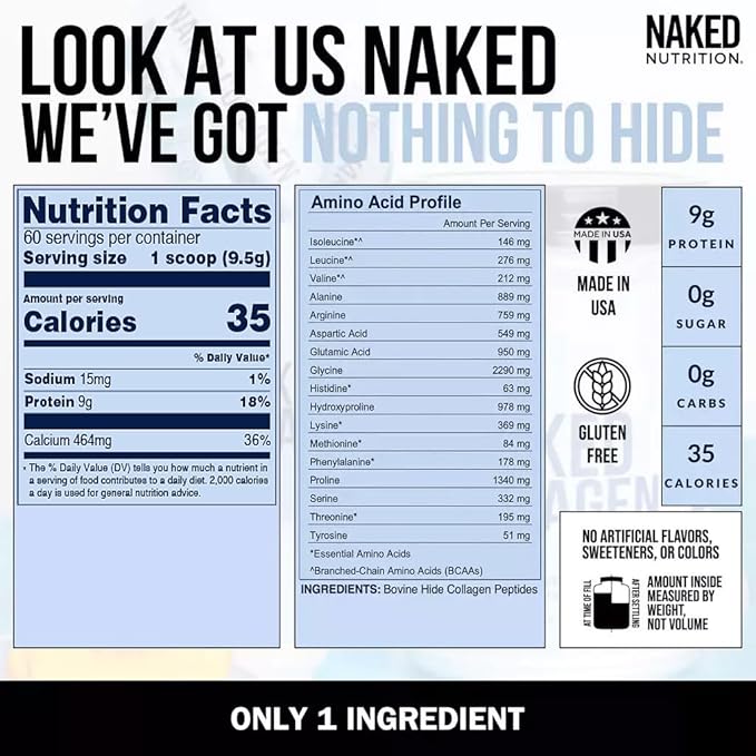 Naked Collagen Peptides Protein Powder, 60 Servings, Pasture-Raised, Unflavored Grass-Fed Hydrolyzed Collagen Supplement, Paleo Friendly, Non-GMO, Keto, Gluten Free, 20oz