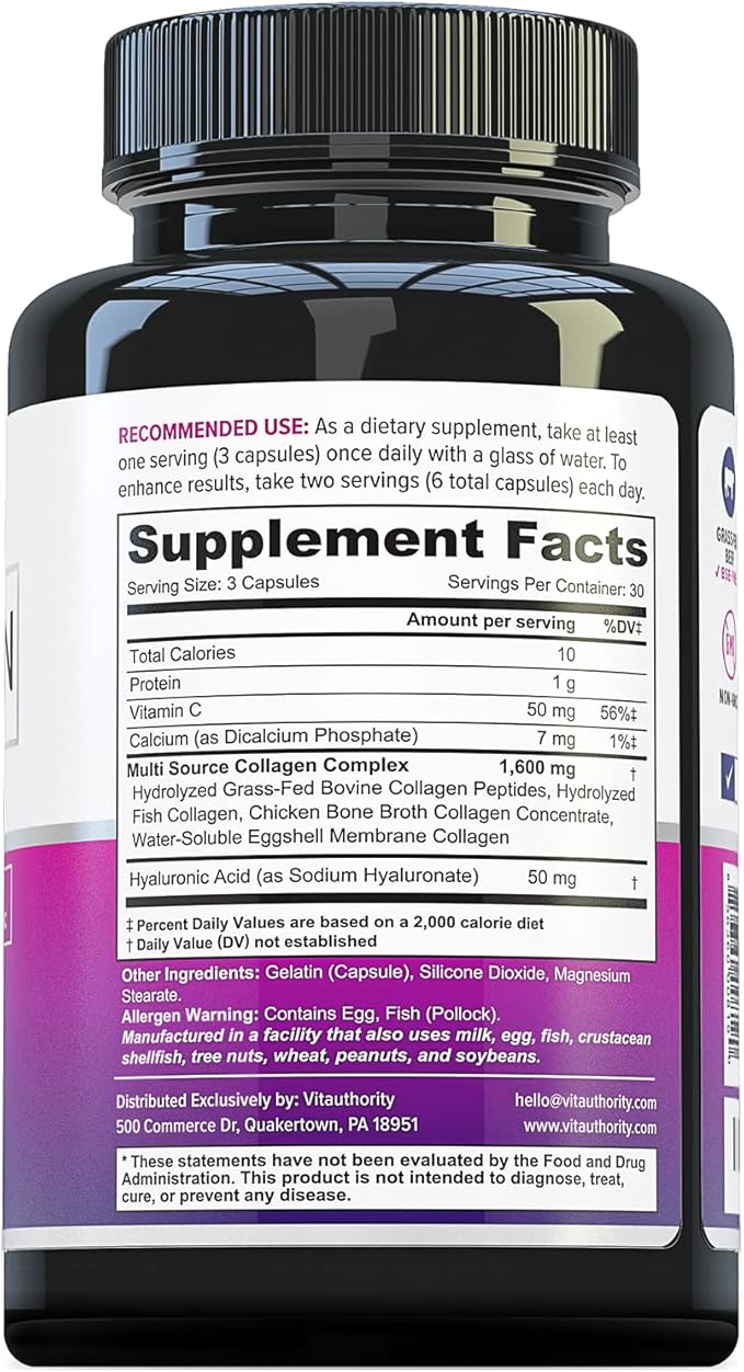 Vitauthority Multi Collagen Pills for Women and Men High Absorption Hydrolyzed Collagen Peptides Capsules for Hair Skin and Nails with Types I II III V X Hyaluronic Acid and Vitamin C - 30 Servings