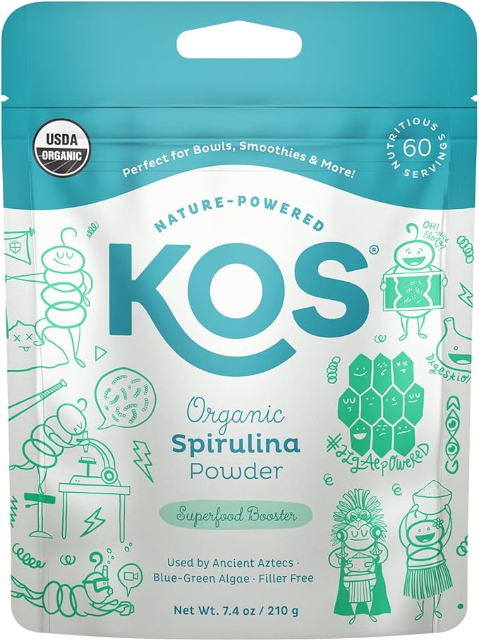 KOS USDA Organic Spirulina Powder, Natural Taste - 100% Pure, Non-Irradiated Vegan Green Blue Spirulina Superfood Powder, Plant Based - Rich in Protein, Vitamins, Antioxidants & Fiber, 60 Servings Bag