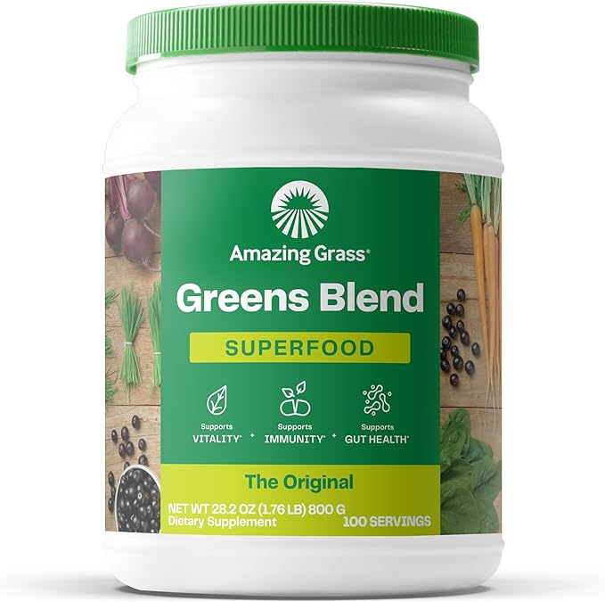 Amazing Grass Greens Superfood Powder: Greens Powder with Digestive Enzymes & Probiotics, Organic Spirulina, Chlorella, and Beet Root Powder, Original, 100 Servings